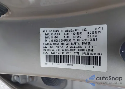 2015 Honda Accord Lx из США, поврежденный, VIN 1HGCR2F34FA174352